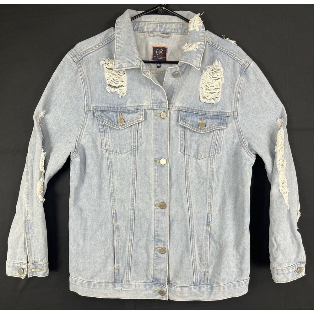 Boom Boom Jeans Womens L Light Wash Distressed Destroyed Denim Trucker Jacket